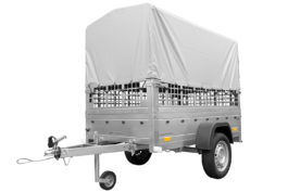 Remolque basculante Garden Trailer 200 KIPP 200×106 cm 750 kg con laterales de reja, lona alta gris y rueda jockey