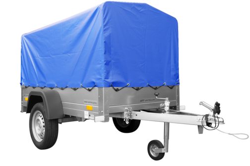 Remolque basculante de carga ligero Garden Trailer 201 KIPP con lona alta azul y rueda jockey
