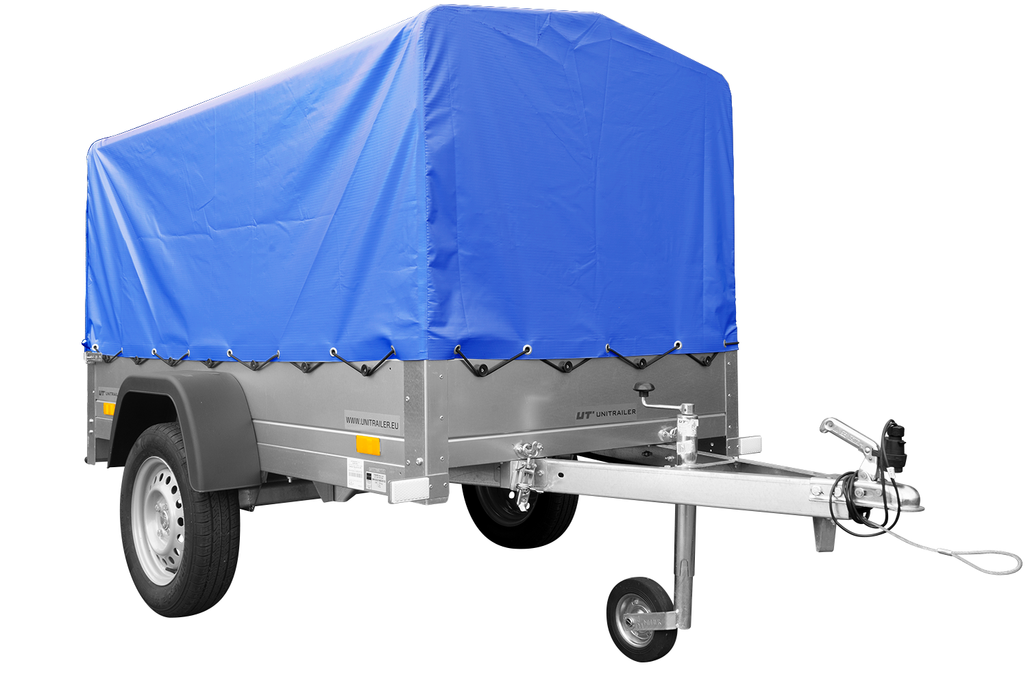 Remolque basculante de carga ligero Garden Trailer 201 KIPP con lona alta azul y rueda jockey