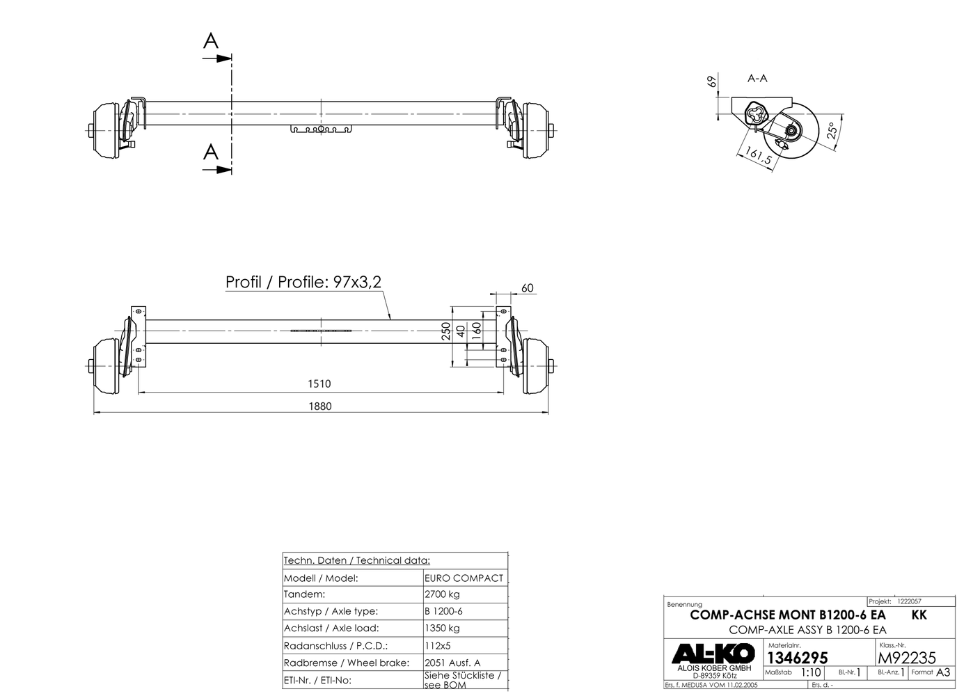 Eje con freno de inercia para remolques AL-KO 1510 mm 1350 kg 5x112 - Imagen 3