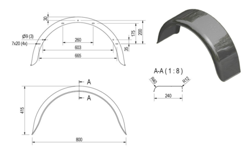 Guardabarros para remolque 15-16" DE HAAN paso de rueda metálico 800/415 mm - Imagen 6
