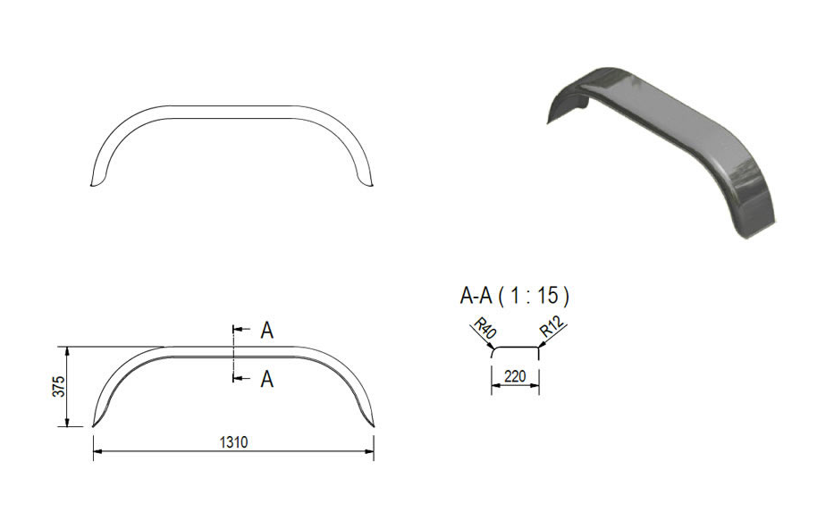 Guardabarros tándem para remolque de 14-15" DE HAAN paso de rueda de metal 1310/375 mm - Imagen 2